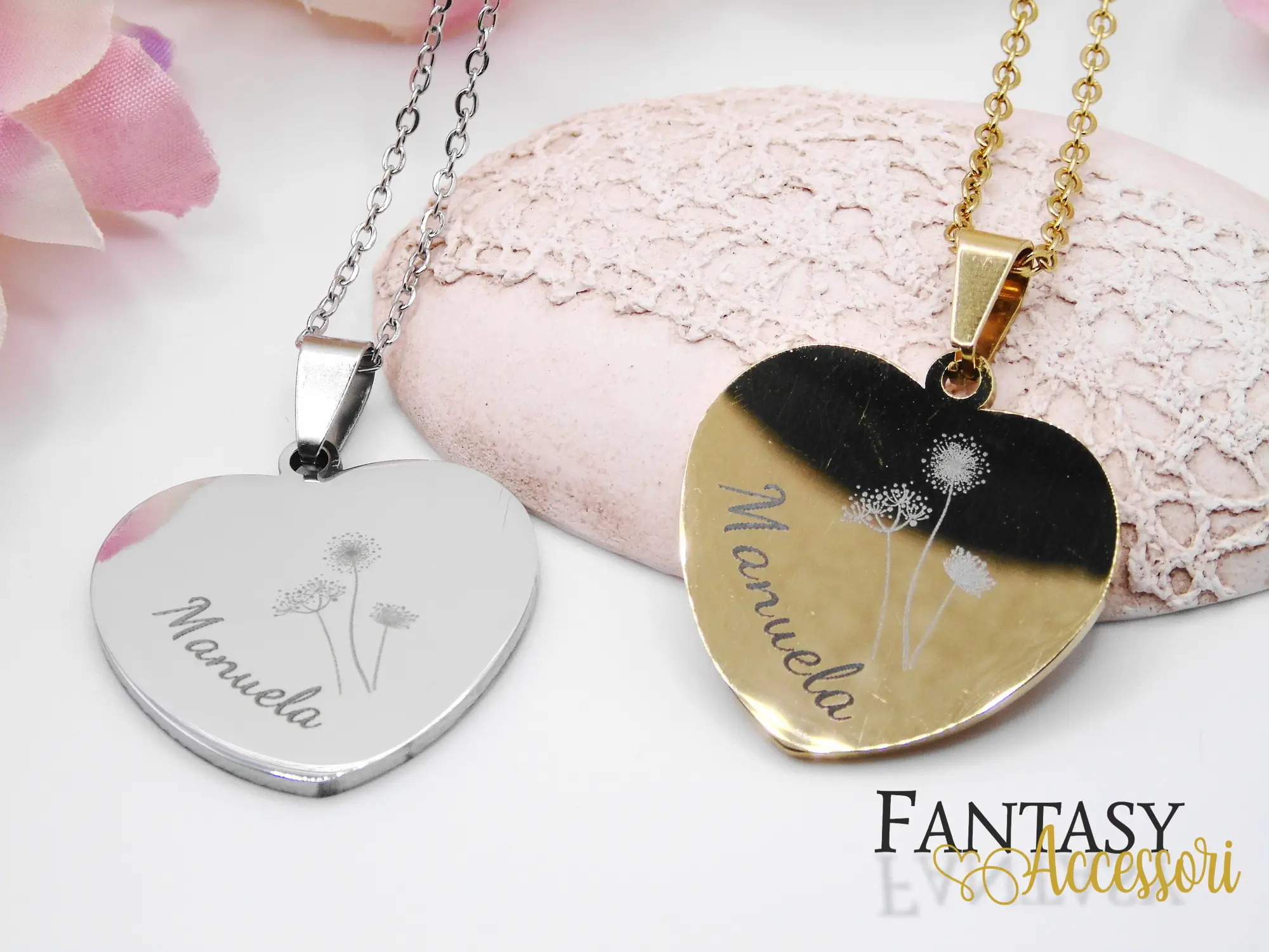 Collana con pendente a cuore con fiori di campo personalizzato - Oro